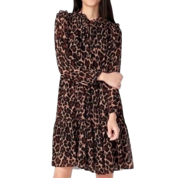 J. Crew Blogger Favorite Tie-Neck Tiered Dress In Leopard Crinkle Chiffon Small - Picture 1 of 12